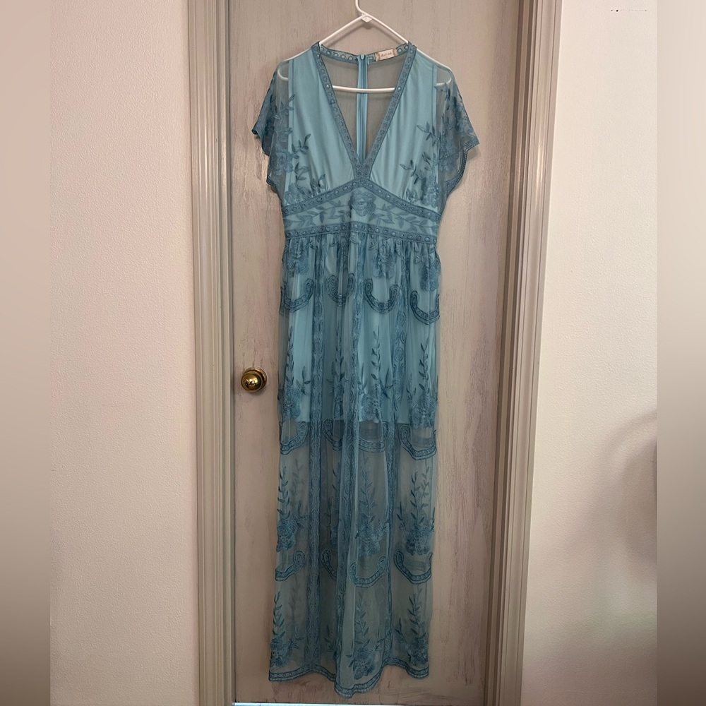 Altar'd State Dusty Blue Embroidered Sheer Maxi Dress